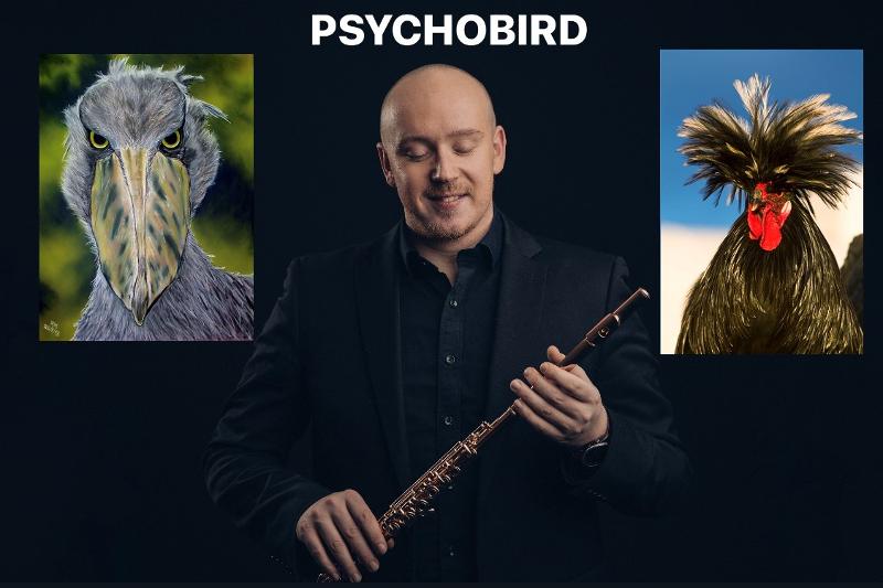 Bilde av Eirik med fløyta og to rare fugler